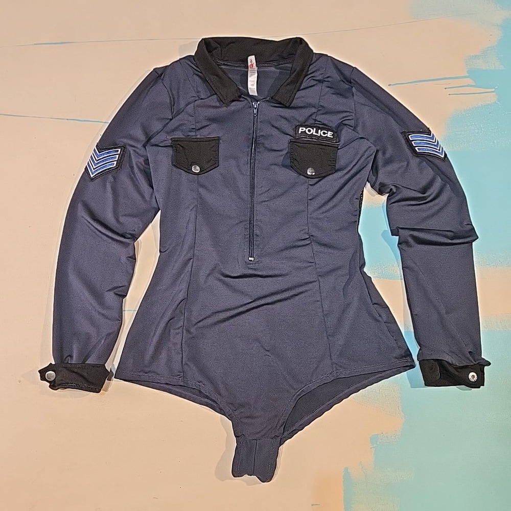 Forplay Women's 1/2X Police Sergeant Costume Bodysuit Navy Black Mesh Halloween‎